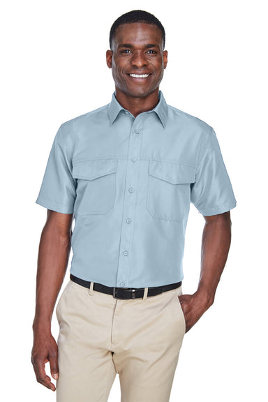 Harriton M580 Mens Key West Performance Short Sleeve Button Down Shirt w/ Double Pockets Cloud Blue Front