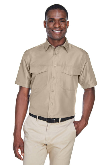 Harriton M580 Mens Key West Performance Short Sleeve Button Down Shirt w/ Double Pockets Khaki Brown Front