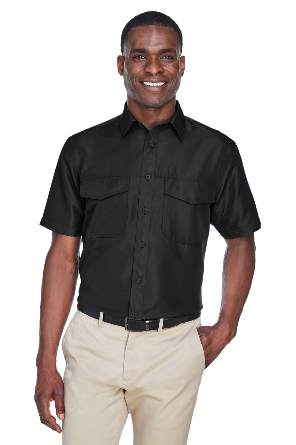 Harriton M580 Mens Key West Performance Short Sleeve Button Down Shirt w/ Double Pockets Black Front