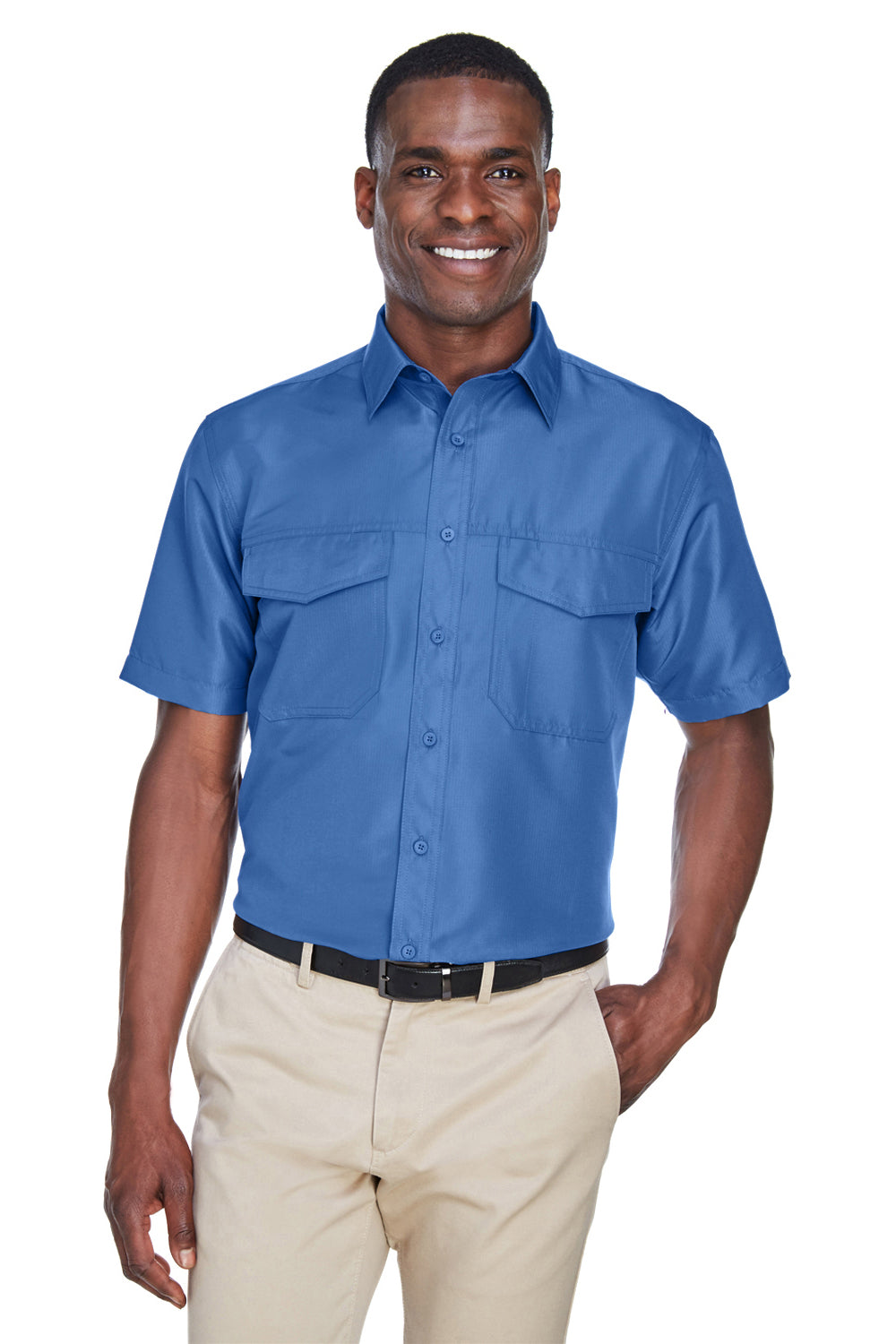 Harriton M580 Mens Key West Performance Short Sleeve Button Down Shirt w/ Double Pockets Pool Blue Front