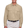 Harriton Mens Key West Performance Moisture Wicking Long Sleeve Button Down Shirt w/ Double Pockets - Khaki