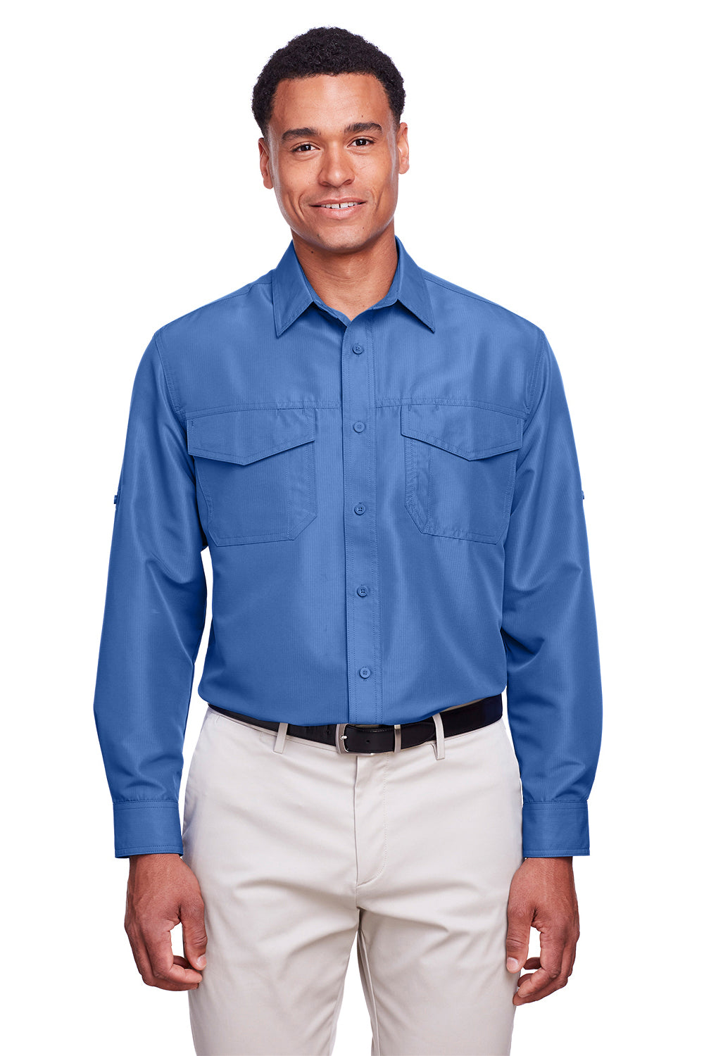 Harriton M580L Mens Key West Performance Moisture Wicking Long Sleeve Button Down Shirt Pool Blue Front