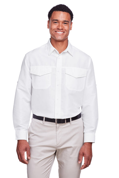 Harriton M580L Mens Key West Performance Moisture Wicking Long Sleeve Button Down Shirt White Front