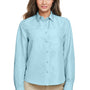 Harriton Womens Key West Performance Moisture Wicking Long Sleeve Button Down Shirt w/ Pocket - Cloud Blue