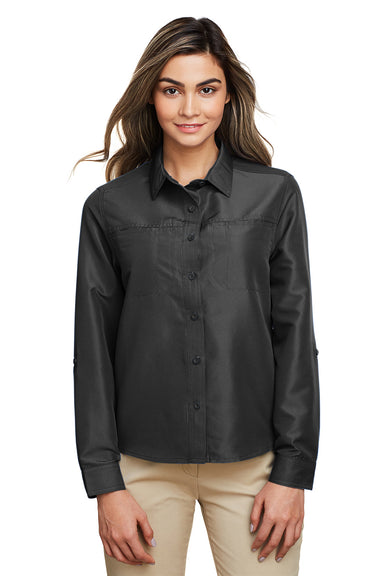 Harriton M580LW Womens Key West Performance Moisture Wicking Long Sleeve Button Down Shirt Charcoal Grey Front