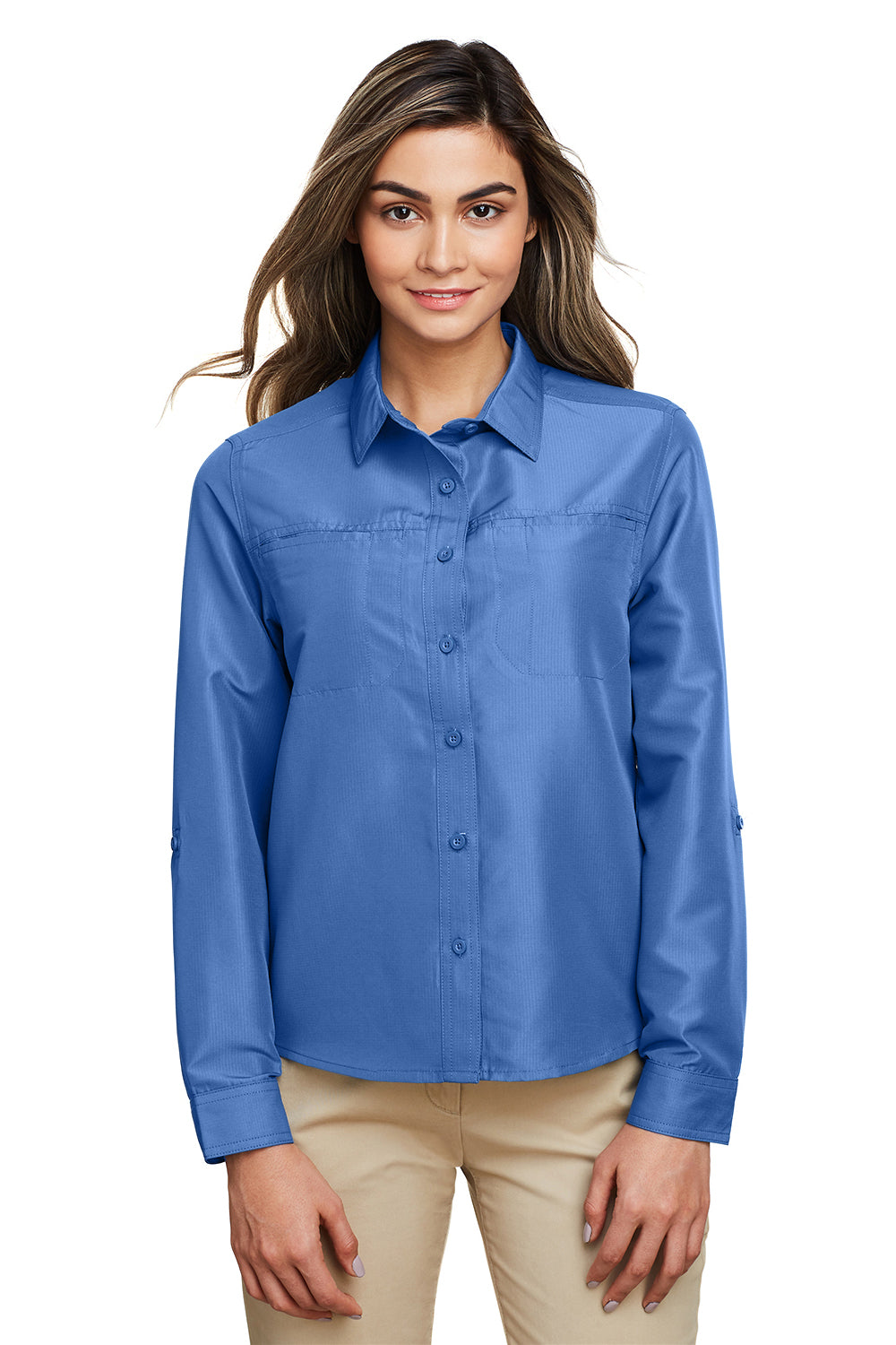 Harriton M580LW Womens Key West Performance Moisture Wicking Long Sleeve Button Down Shirt Pool Blue Front