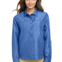 Harriton Womens Key West Performance Moisture Wicking Long Sleeve Button Down Shirt w/ Pocket - Pool Blue