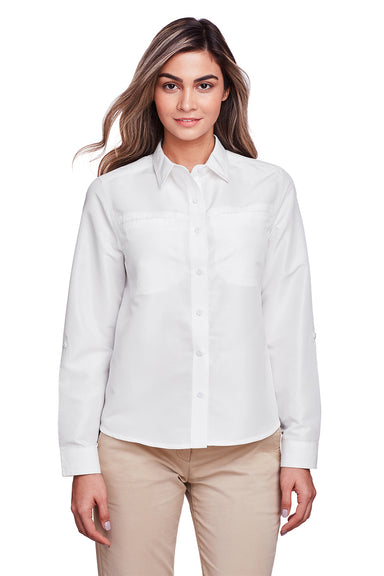Harriton M580LW Womens Key West Performance Moisture Wicking Long Sleeve Button Down Shirt White Front