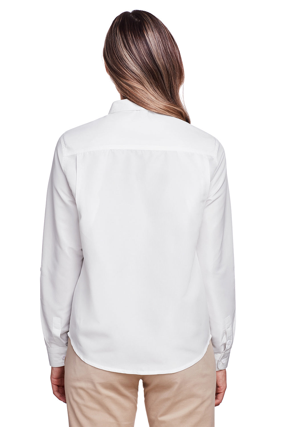 Harriton M580LW Womens Key West Performance Moisture Wicking Long Sleeve Button Down Shirt White Back