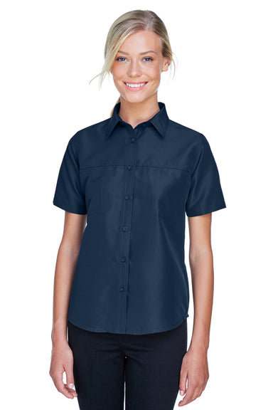 Harriton M580W Womens Key West Performance Short Sleeve Button Down Shirt w/ Double Pockets Navy Blue Front