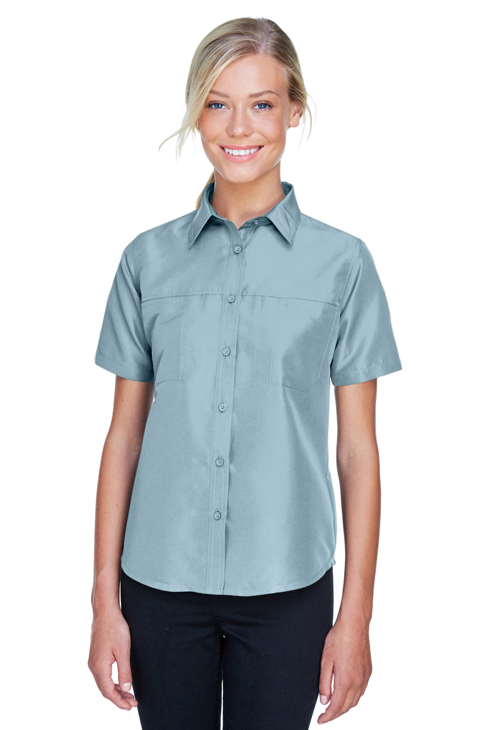 Harriton M580W Womens Key West Performance Short Sleeve Button Down Shirt w/ Double Pockets Cloud Blue Front