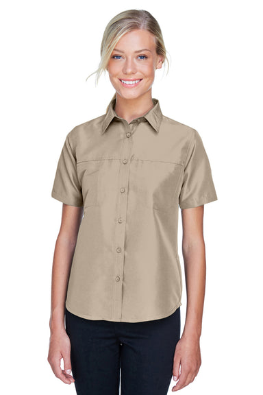 Harriton M580W Womens Key West Performance Short Sleeve Button Down Shirt w/ Double Pockets Khaki Brown Front