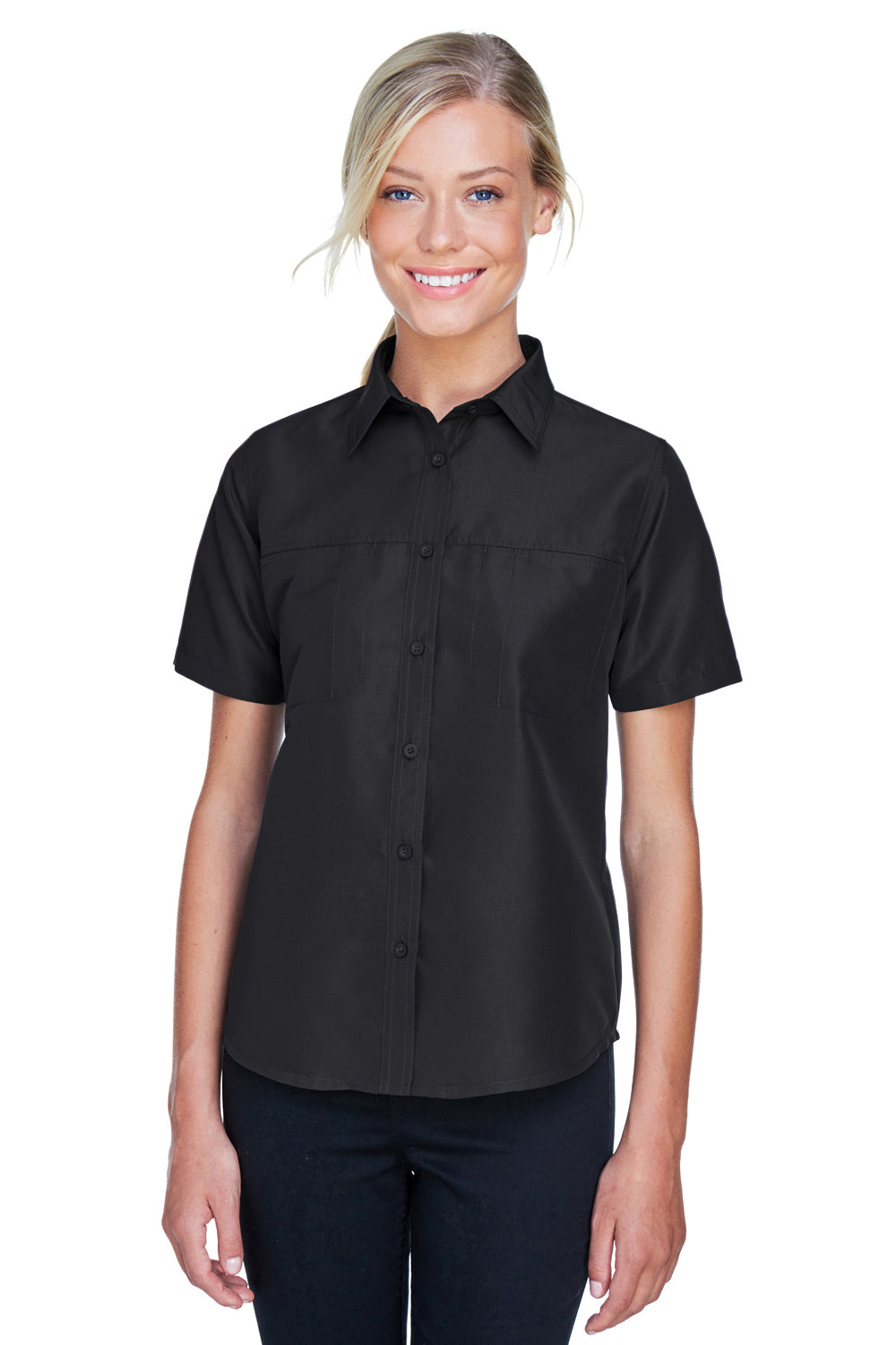 Harriton M580W Womens Key West Performance Short Sleeve Button Down Shirt w/ Double Pockets Black Front