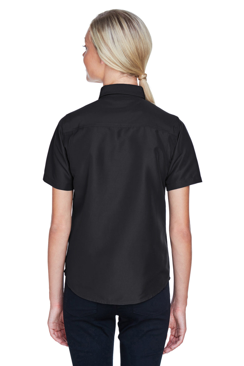 Harriton M580W Womens Key West Performance Short Sleeve Button Down Shirt w/ Double Pockets Black Back