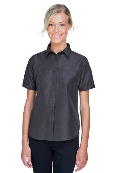 Harriton M580W Womens Key West Performance Short Sleeve Button Down Shirt w/ Double Pockets Charcoal Grey Front