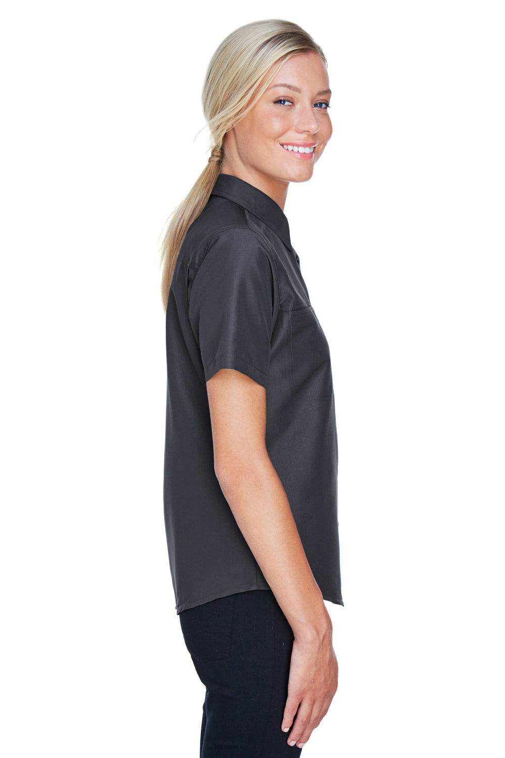 Harriton M580W Womens Key West Performance Short Sleeve Button Down Shirt w/ Double Pockets Charcoal Grey Side