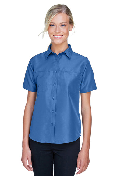 Harriton M580W Womens Key West Performance Short Sleeve Button Down Shirt w/ Double Pockets Pool Blue Front