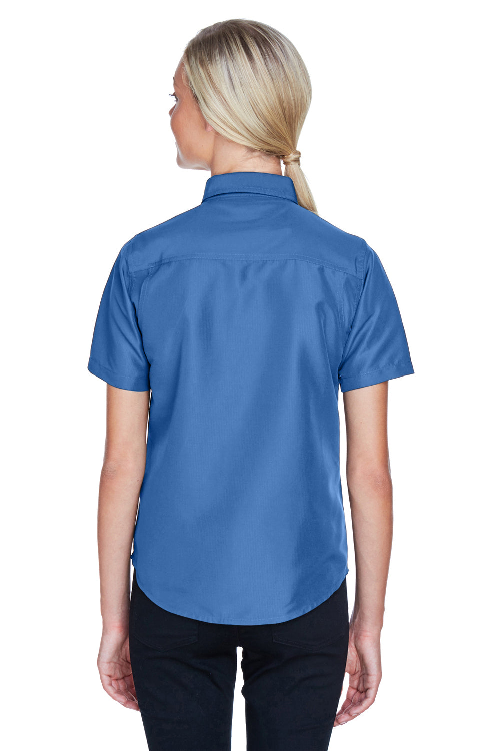 Harriton M580W Womens Key West Performance Short Sleeve Button Down Shirt w/ Double Pockets Pool Blue Back