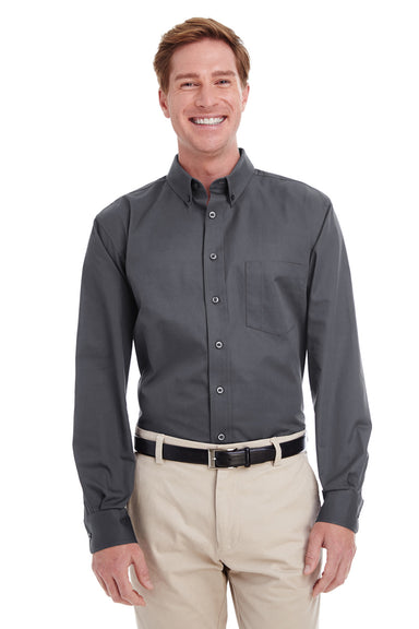 Harriton M581 Mens Foundation Stain Resistant Long Sleeve Button Down Shirt w/ Pocket Charcoal Grey Front