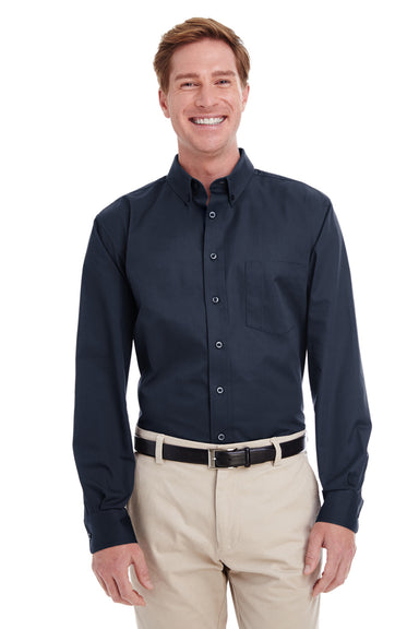 Harriton M581 Mens Foundation Stain Resistant Long Sleeve Button Down Shirt w/ Pocket Navy Blue Front