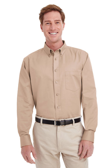 Harriton M581 Mens Foundation Stain Resistant Long Sleeve Button Down Shirt w/ Pocket Khaki Brown Front