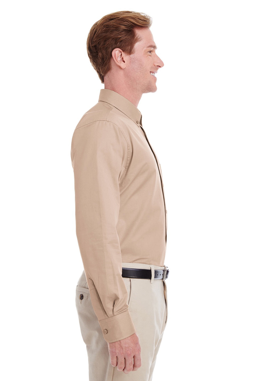 Harriton M581 Mens Foundation Stain Resistant Long Sleeve Button Down Shirt w/ Pocket Khaki Brown Side