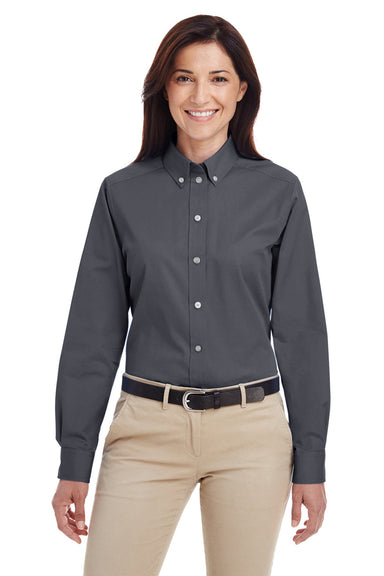 Harriton M581W Womens Foundation Stain Resistant Long Sleeve Button Down Shirt Dark Charcoal Grey Front