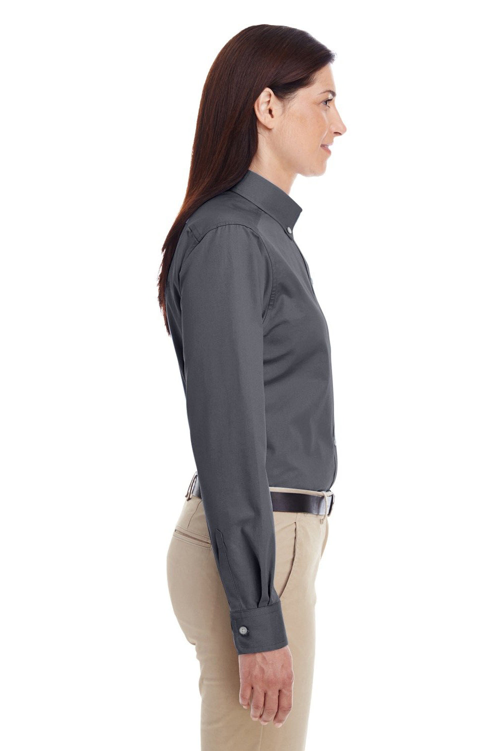 Harriton M581W Womens Foundation Stain Resistant Long Sleeve Button Down Shirt Dark Charcoal Grey SIde