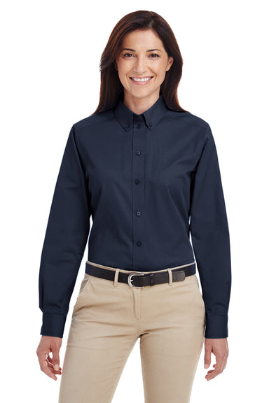Harriton M581W Womens Foundation Stain Resistant Long Sleeve Button Down Shirt Navy Blue Front