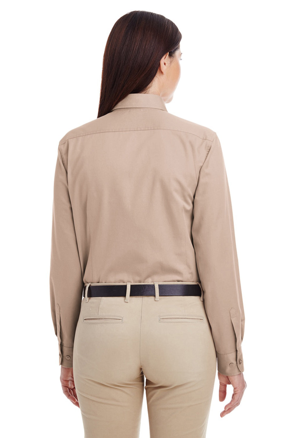 Harriton M581W Womens Foundation Stain Resistant Long Sleeve Button Down Shirt Khaki Brown Back