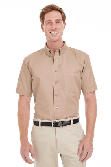 Harriton M582 Mens Foundation Stain Resistant Short Sleeve Button Down Shirt w/ Pocket Khaki Brown Front