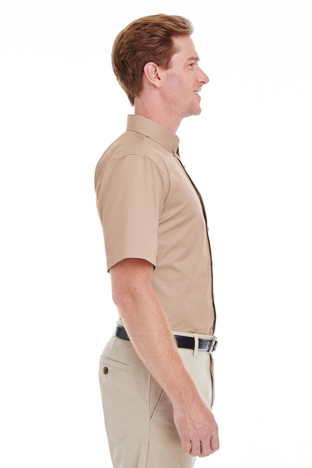 Harriton M582 Mens Foundation Stain Resistant Short Sleeve Button Down Shirt w/ Pocket Khaki Brown Side
