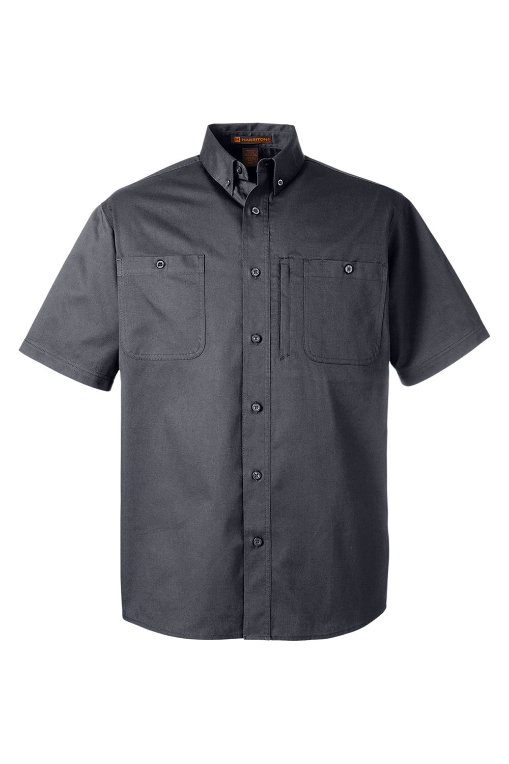 Harriton M585 Mens Advantage Short Sleeve Button Down Shirt w/ Double Pockets Dark Charcoal Grey Flat Front