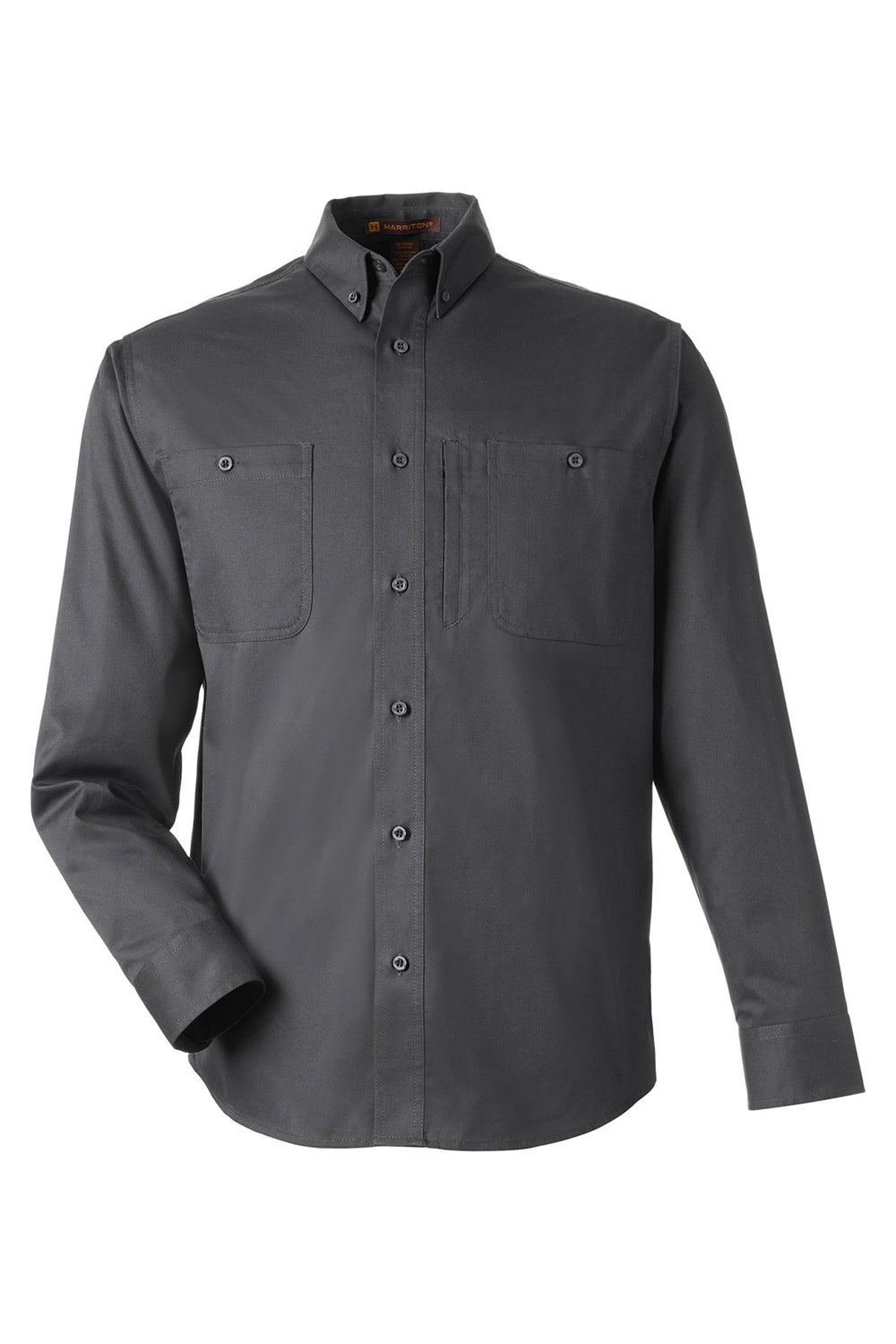 Harriton M585L Mens Advantage Long Sleeve Button Down Shirt w/ Double Pockets Dark Charcoal Grey Flat Front