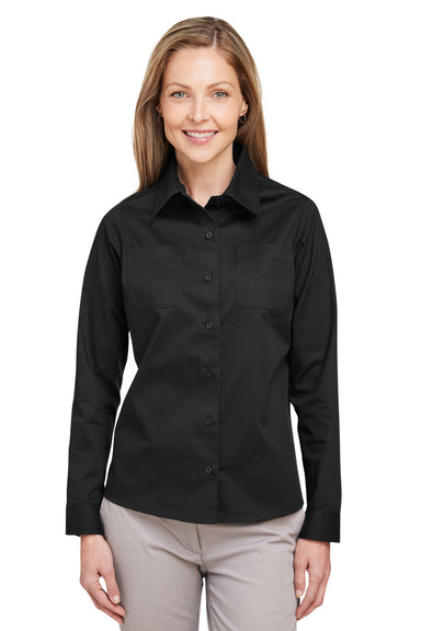 Harriton M585LW Womens Advantage Long Sleeve Button Down Shirt w/ Double Pockets Black Front