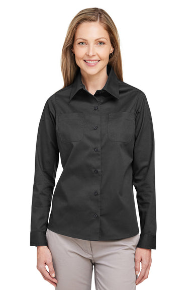 Harriton M585LW Womens Advantage Long Sleeve Button Down Shirt w/ Double Pockets Dark Charcoal Grey Front