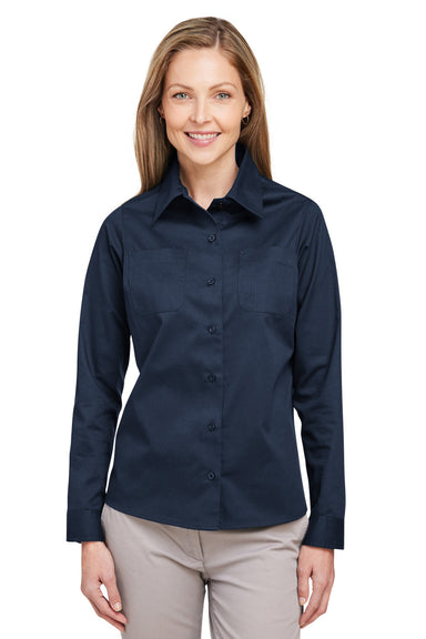 Harriton M585LW Womens Advantage Long Sleeve Button Down Shirt w/ Double Pockets Dark Navy Blue Front