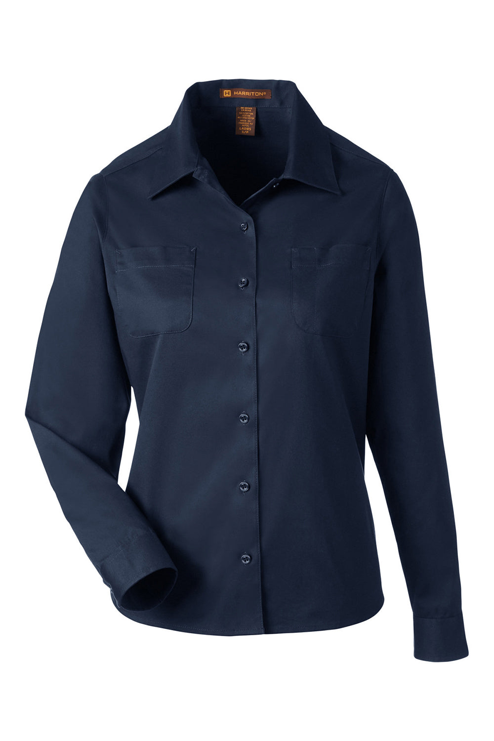Harriton M585LW Womens Advantage Long Sleeve Button Down Shirt w/ Double Pockets Dark Navy Blue Flat Front