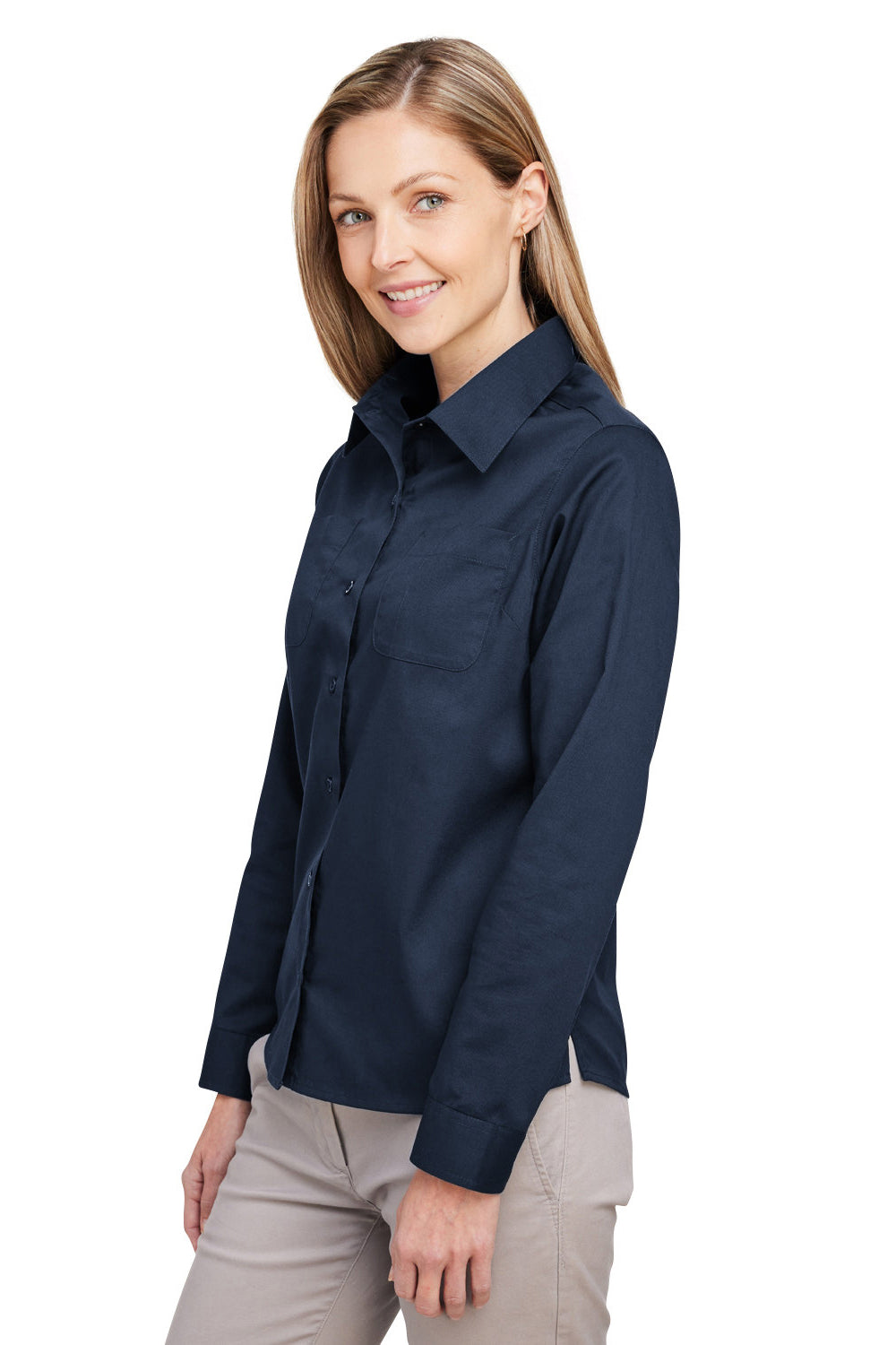 Harriton M585LW Womens Advantage Long Sleeve Button Down Shirt w/ Double Pockets Dark Navy Blue 3Q