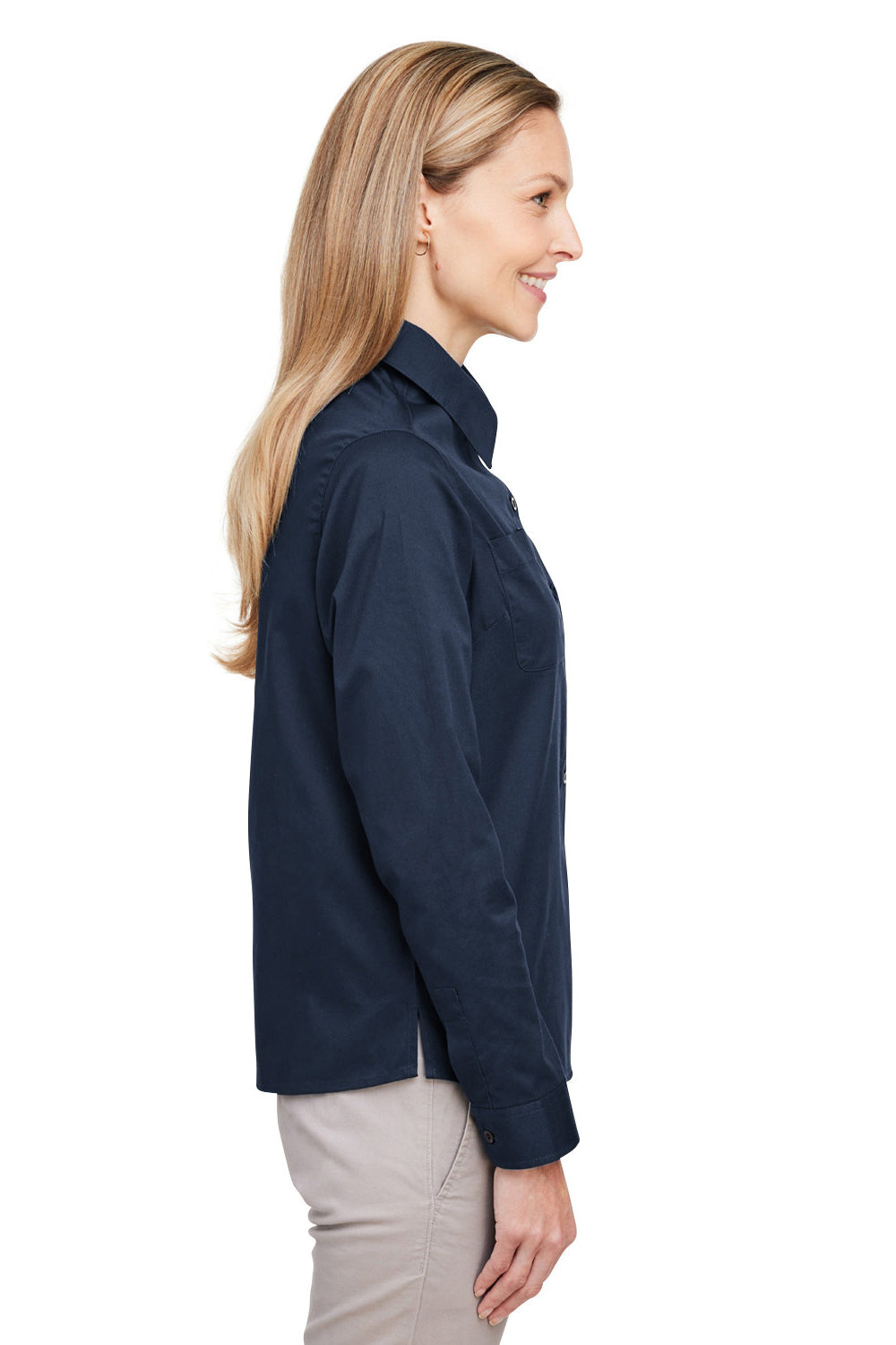Harriton M585LW Womens Advantage Long Sleeve Button Down Shirt w/ Double Pockets Dark Navy Blue Side