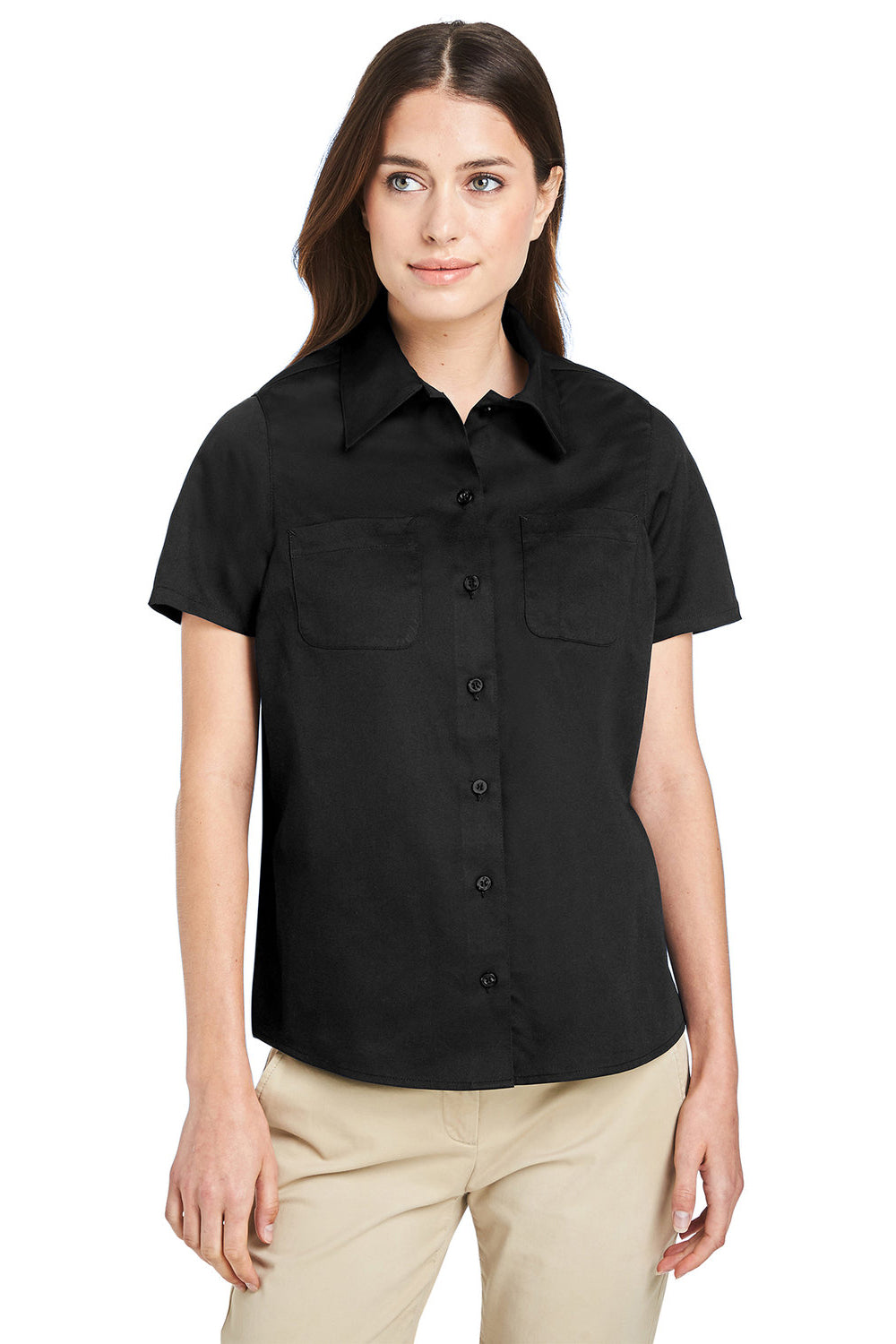 Harriton M585W Womens Advantage Short Sleeve Button Down Shirt w/ Double Pockets Black Front