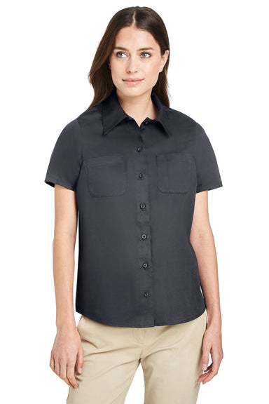 Harriton M585W Womens Advantage Short Sleeve Button Down Shirt w/ Double Pockets Dark Charcoal Grey Front