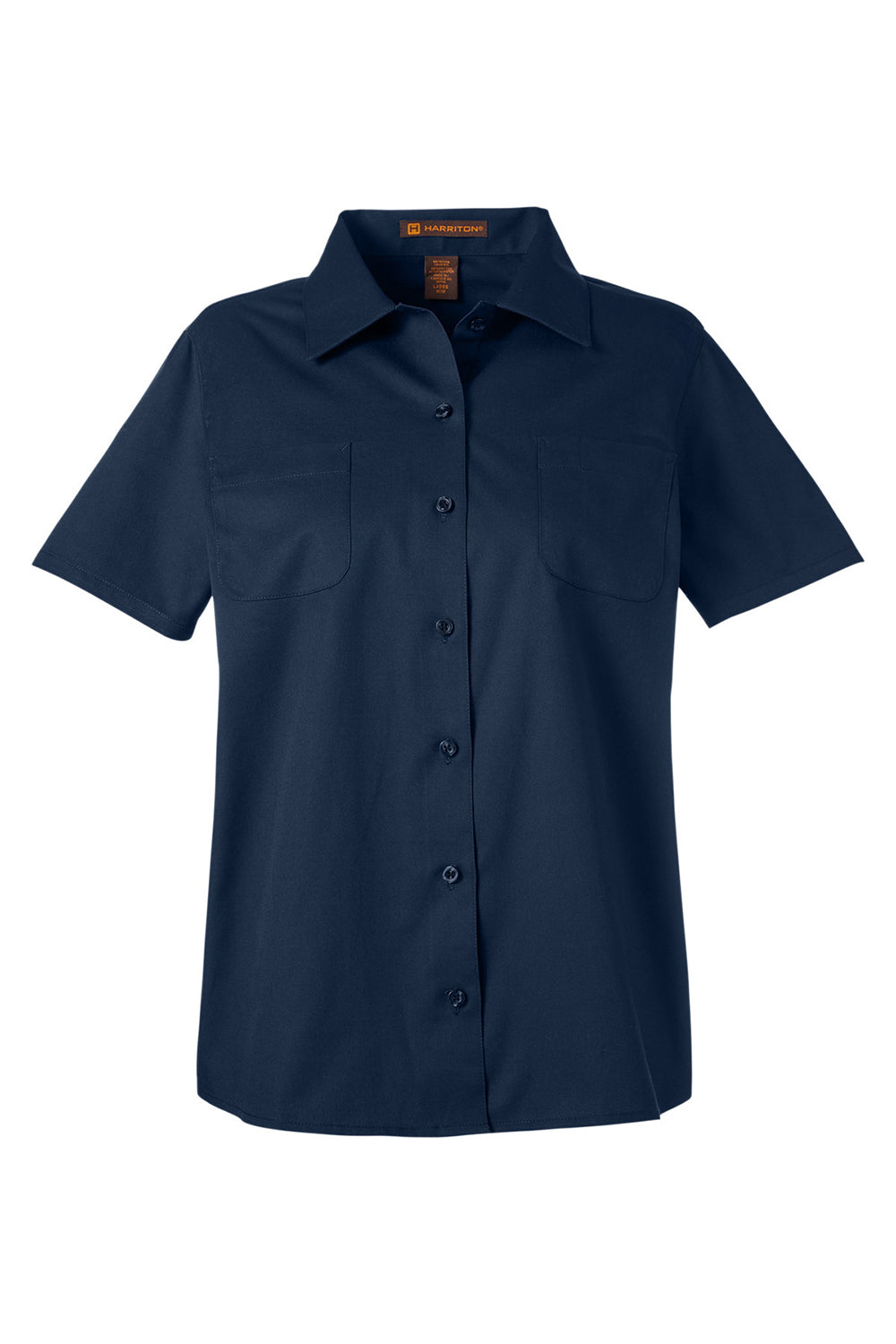 Harriton M585W Womens Advantage Short Sleeve Button Down Shirt w/ Double Pockets Dark Navy Blue Flat Front