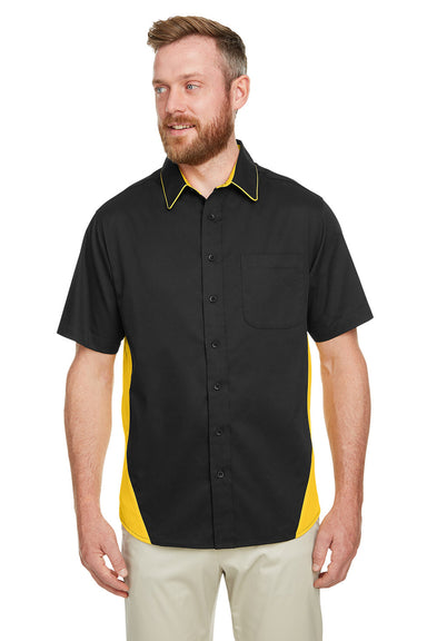 Harriton M586/M586T Mens Flash Colorblock Short Sleeve Button Down Shirt w/ Pocket Black/Sunray Yellow Front