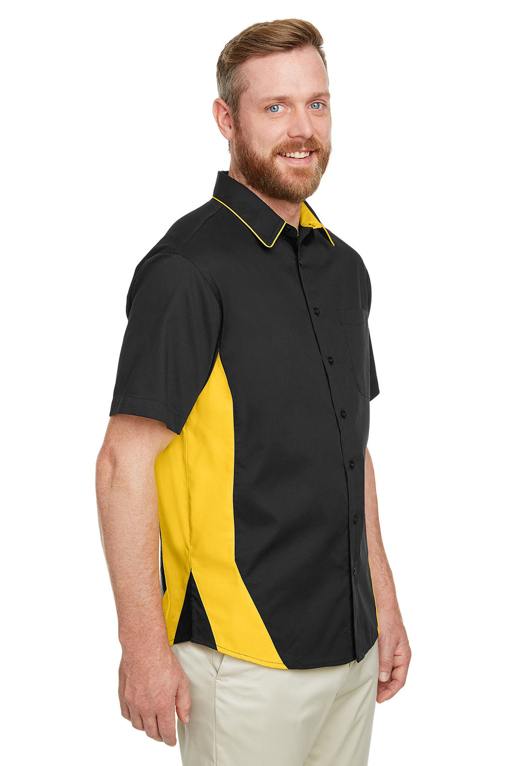 Harriton M586/M586T Mens Flash Colorblock Short Sleeve Button Down Shirt w/ Pocket Black/Sunray Yellow 3Q
