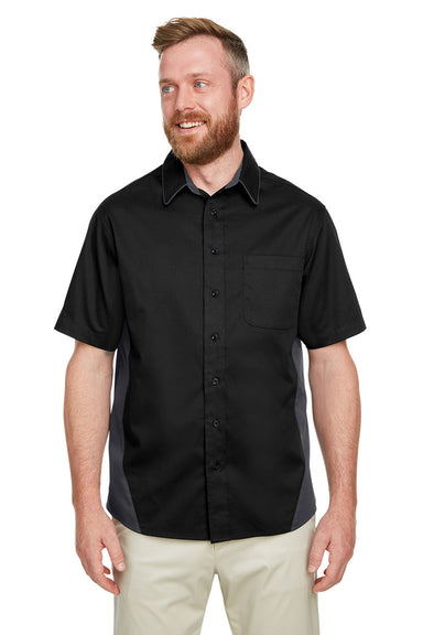 Harriton M586/M586T Mens Flash Colorblock Short Sleeve Button Down Shirt w/ Pocket Black/Dark Charcoal Grey Front
