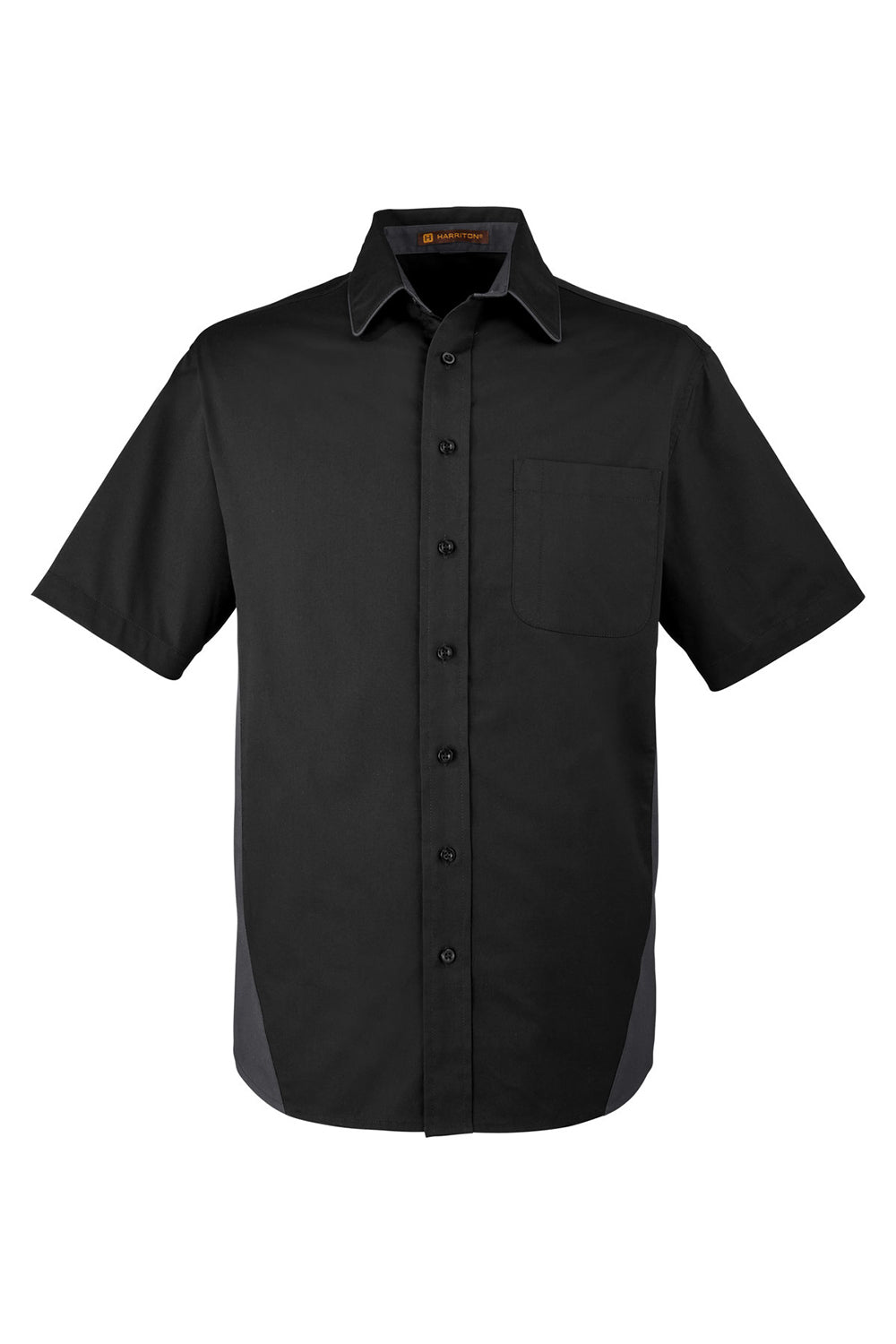 Harriton M586/M586T Mens Flash Colorblock Short Sleeve Button Down Shirt w/ Pocket Black/Dark Charcoal Grey Flat Front