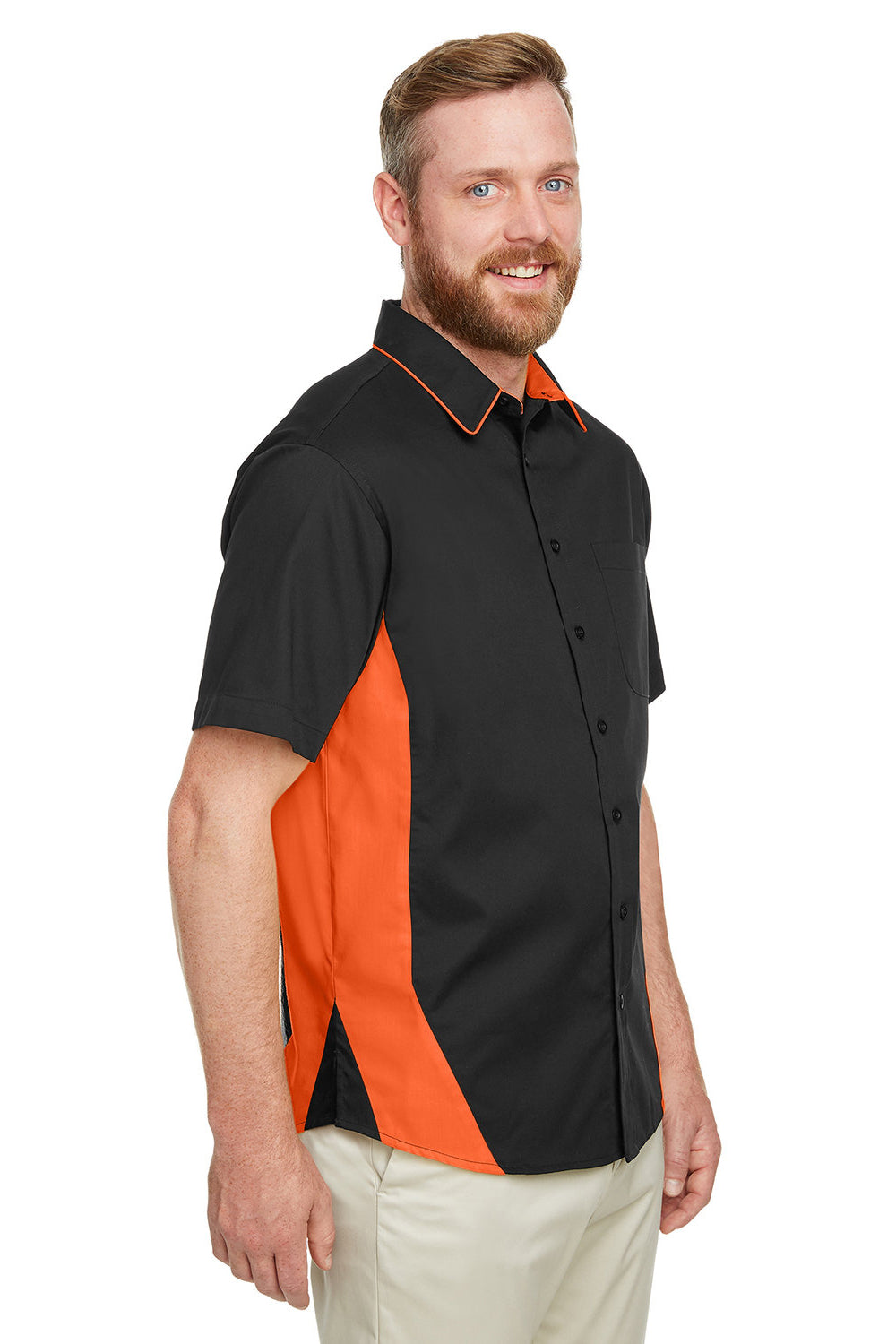 Harriton M586/M586T Mens Flash Colorblock Short Sleeve Button Down Shirt w/ Pocket Black/Team Orange 3Q