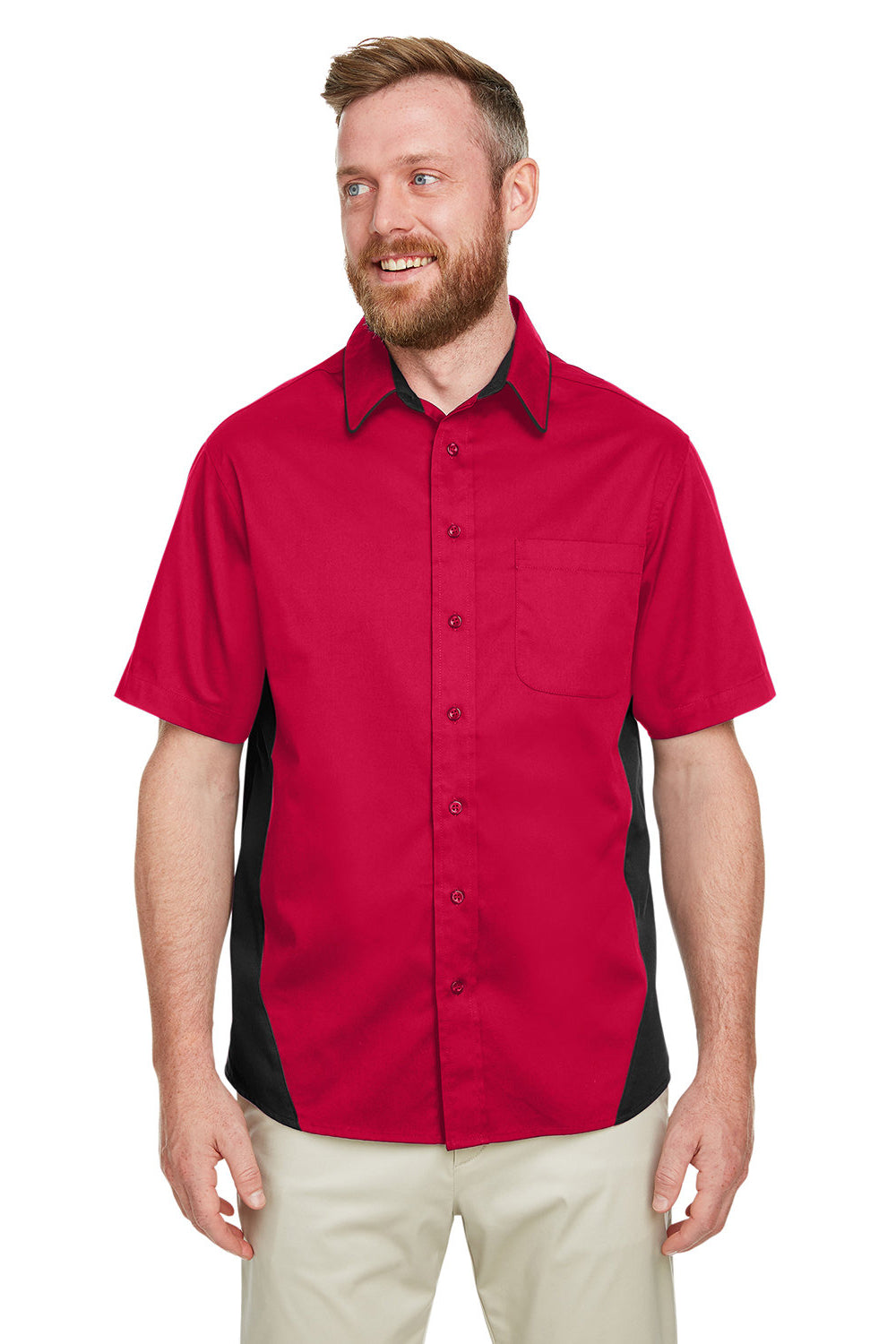 Harriton M586/M586T Mens Flash Colorblock Short Sleeve Button Down Shirt w/ Pocket Red/Black Front