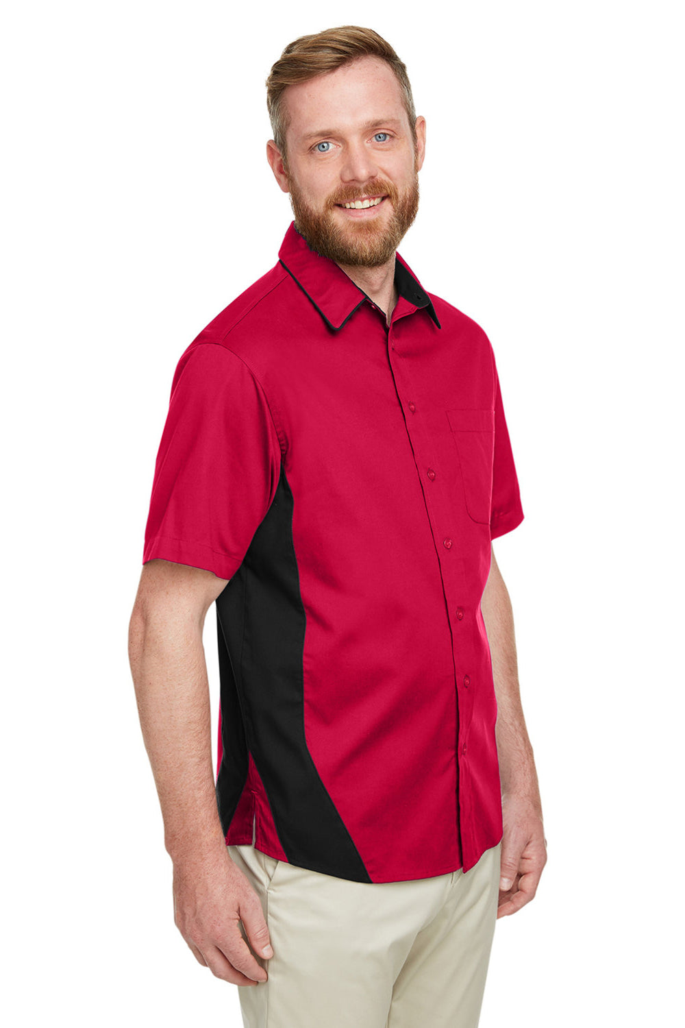 Harriton M586/M586T Mens Flash Colorblock Short Sleeve Button Down Shirt w/ Pocket Red/Black 3Q